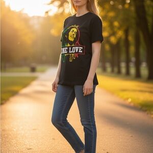 Zion Rootswear Black 'One Love' Graphic Tee with Red, Yellow & Green Print